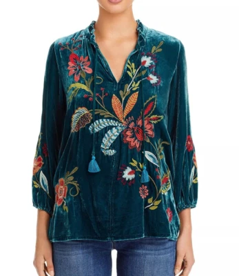 全新带标签 Johnny Was Isabella 刺绣天鹅绒田间衬衫波西米亚深青色 M 295 — 第 1/4 张图片