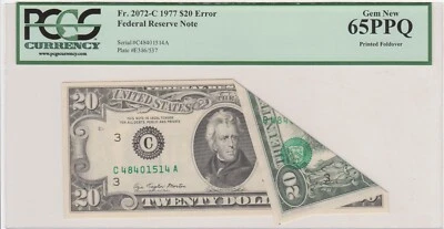 SUPER RARE 1977 $20 Twenty Dollar PRINTED FOLDOVER Error Note PCGS 65PPQ - Image 1 of 2