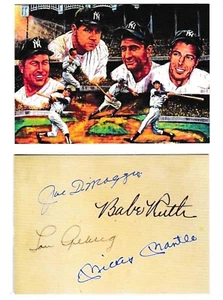 Nueva York Yankees Legends~Tarjeta de arte autógrafo facsímil ~Ruth~Gehrig~Manto~DiMaggio - Imagen 1 de 3