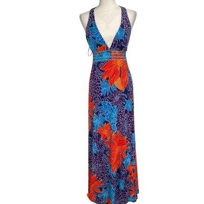 Vestido Moda Intnl Mujer Mediano Azul Naranja Floral Halter Tropical Resortwear Maxi Foto 1 de 4