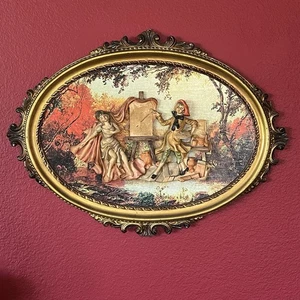 Vintage 3D Empire Figural Art Oval Wall Plaque Italy Boy Girl Painting 24.5"x18" - Picture 1 of 19