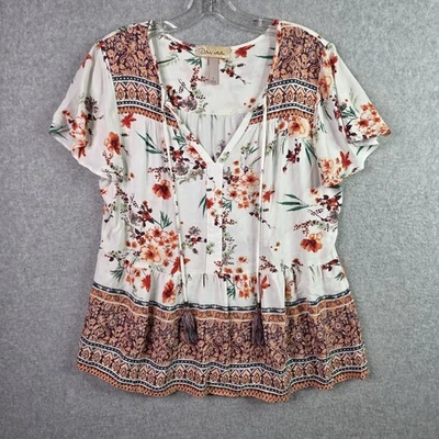 Davina 女式 L 码花卉印花上衣衬衫 Peplum Boho Ren Faire 农民 — 第 1/4 张图片