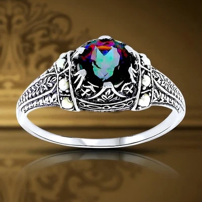 ANEL ESTILO ANTIGO PRATA ESTERLINA 925 QUARTZO MÍSTICO ARCO-ÍRIS E PÉROLA #011 - Imagem 1 de 3