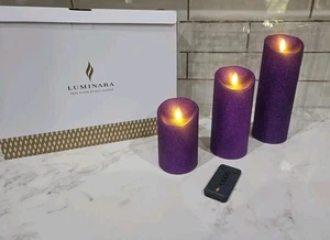 USED LUMINARA PURPLE GLITTER PILLAR FLAMELESS CANDLES SET OF 3 WITH BOX - Picture 1 of 23