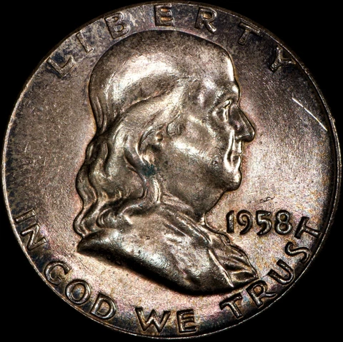 1958 Franklin Half Dollar Silver UNC, Layers of Surface Tone, As Shown 959 Cover