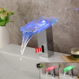 Chrome Bathroom Faucet Hand Free Automatic Sensor LED Waterfall Spout Mixer Tap - Picture 1 of 12