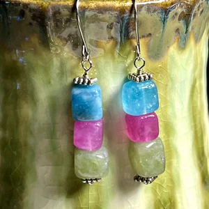 Natural Tourmaline Square Beaded Stacked Earrings.  Blue Pink Green. S669 - Picture 1 of 3