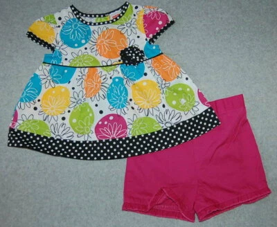 Bebé Niñas TÚNICA MULTICOLOR VESTIDO CAMISA Lunares Flores PANTALONES CORTOS ROSAS Talla 18 MO Foto 1 de 3