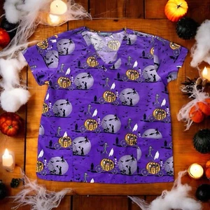 Uniformi Serene Viola Halloween Glitter Extra Large Scrub Top Zucca Scheletro - Foto 1 di 7