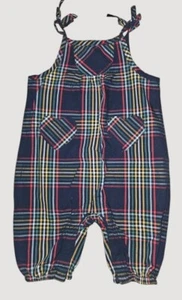 * HANNA ANDERSSON Navy Blue Plaid Overalls Romper Girls 60 3-6 months - Picture 1 of 4