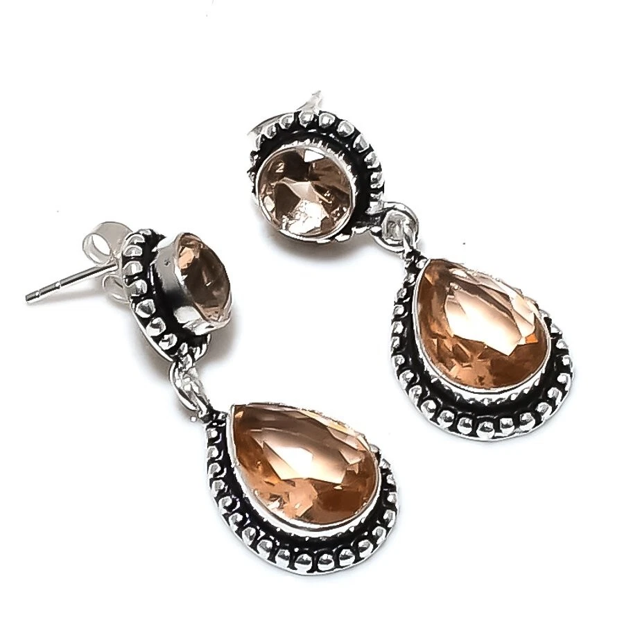 Peach Morganite Gemstone 925 Sterling Silver Jewelry Stud Earring Size 1.45" - Image 1 of 1