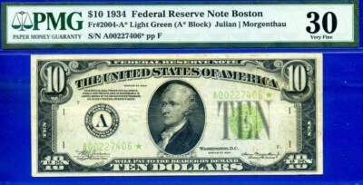 Fr. 2004-A* $10 1934 Light Green Seal FRN Star Note. PMG VF 30. - Image 1 of 2