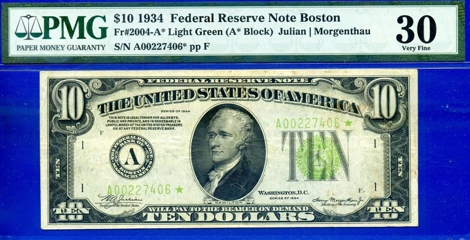 Fr. 2004-A* $10 1934 Light Green Seal FRN Star Note. PMG VF 30. - Image 1 of 2