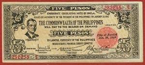NEGROS OCCIDENTAL PROVINCIAL 1942 5 PESOS BACOLOD (PICK#S648b) CH XF - Picture 1 of 2