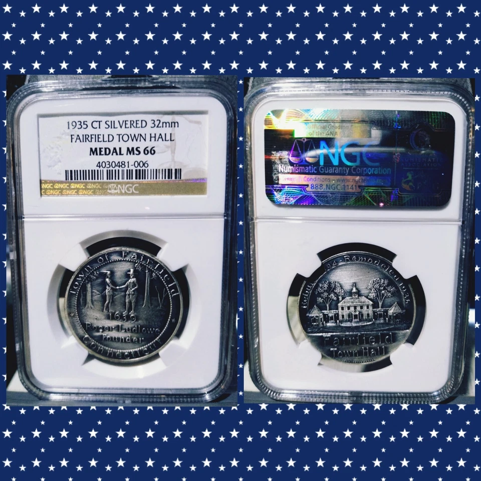 1935 Fairfield County Town Hall CT Connecticut Silvered 32mm NGC MS66 - Image 1 of 1