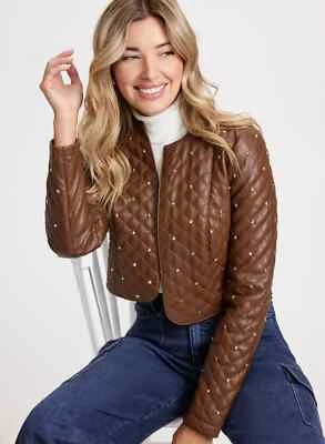 Женская настоящая коричневая мягкая кожаная укороченная куртка серебристая с заклепками роскошная кожаная куртка - Изображение 1 из 4