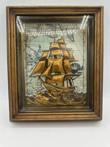 50er Mid Century Vintage Gold Clipper Schiff Pirat Segeln Wandbehang gerahmt 3D - Bild 1 von 11
