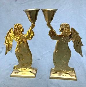 2 Vintage 80s Carnevale Solid Brass Angel 14" Candle Sticks Holder Christmas - Picture 1 of 13
