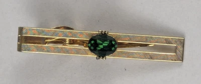 Винтажный - Swank золотой тонированный галстук бар зажим W зеленый изумруд стекла со стразами - B17B - Изображение 1 из 4