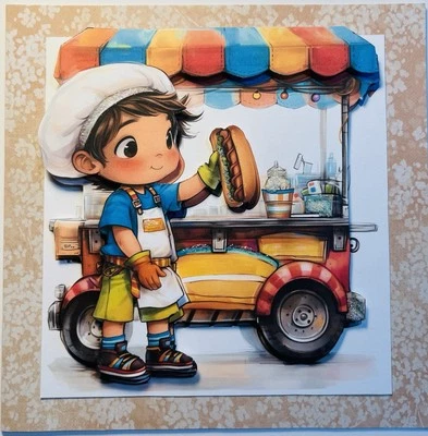 Tarjeta de felicitación hecha a mano arte 3D hot dog barbacoa diseño chatarra por Kim Foto 1 de 2