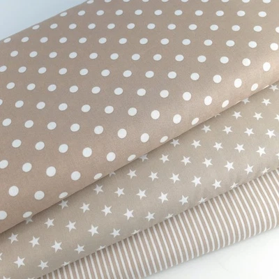 STOFFPAKET SAND Baumwollstoff Popeline  Tupfen Sterne  Streifen  3 x 30  x 150cm - Bild 1 von 4
