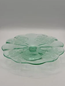 Vintage Vaseline Green Depression Glass GLOWS Peacock Footed Cake Plate 11” READ - Picture 1 of 24