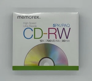 Memorex Rewritable High Speed CD-RW 12x 700MB/Mo 80 Min 5 Pack NEW, SEALED - Picture 1 of 2