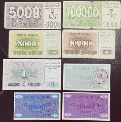 Bosnia, lot of 8 war banknotes, 1992-1993, P-26, 30, 16, 17, 39, 51, 52, 53 - Image 1 of 2