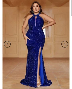 Faeriesty Royal Blue Sequin Halter Formal Dress With Slit 5XL - Picture 1 of 10