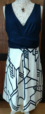 Navy blue and ivory, sleeveless, geometric dress. Size: 16. - Image 1 of 4