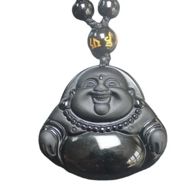 Crystal Natural black obsidian laugh buddha necklace pendant with bead chain - Image 1 of 4