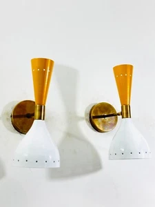 Mustard & White Brass Wall Sconce Pair 1950s Mid Century Brass Italian Adjustabl - Picture 1 of 8