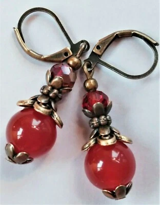 Brinco de jade vermelho e facetado CRYSTAL DROP COBRE LEVERBACK artesanal XX - Imagem 1 de 3