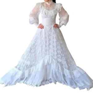 Vintage 70’s Brautkleid Spitze Puffärmel hochgeschlossen lang Schleppe Hut Schleier Gr. XS - Bild 1 von 11