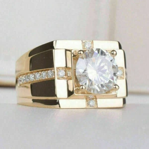 2Ct Round Lab-Created Solitaire Gorgeous Mens Band Ring 14k Yellow Gold Over - Picture 1 of 4