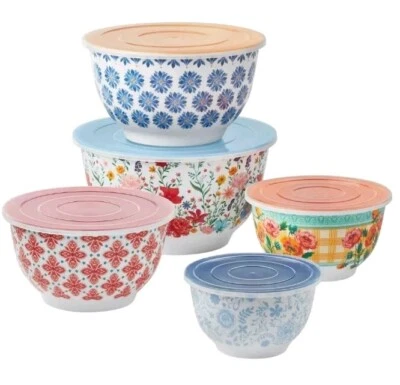 Mujer Pioneer ~ Juego de Diez (10) Piezas de Cuencos Mezcladores ~ Melamina ~ FLORES BRILLANTES Foto 1 de 4