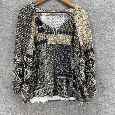 Blusa Westbound Mujer L Grande Negra Geométrica Cuello en V Manga Larga Lino Informal Foto 1 de 4