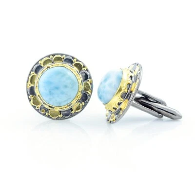 Gemelos florales redondos de plata 925 Larimar chapados en oro joyería oxidada Foto 1 de 4