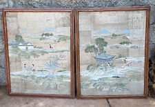 2 Piece Set, antique Chinese hand painted painting, Women Children Village Scene