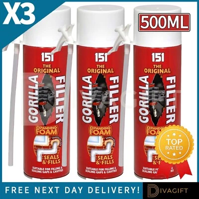 3 x GORILLA FILLER EXPANDING FOAM 500ML GAP AIRTIGHT CRACK SEALS WEATHERPROOF