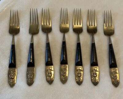 Vintage S Thailand Buddha Bronze 7 Piece Fork Set Flatware Brown Handle - Image 1 of 4