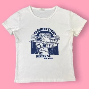 women's Sz S Brandy Melville navy blue & white graphic baby tee crop top - Picture 1 of 5