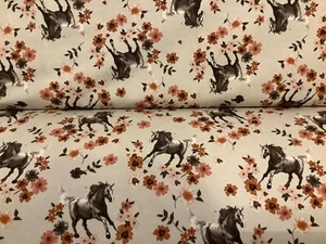 Öko-Tex Baumwolljersey Pferde auf hellbeige 50x145cm aktuelle Kollektion Neu - Bild 1 von 3