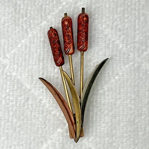 Cattail Resin And Mix Metal Leaf Gold Tone Brooch Or Button Slip - Picture 1 of 7