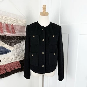 NEW Massimo Dutti Textured Cropped Jacket with Pockets Black Tweed Sz S - Picture 1 of 11