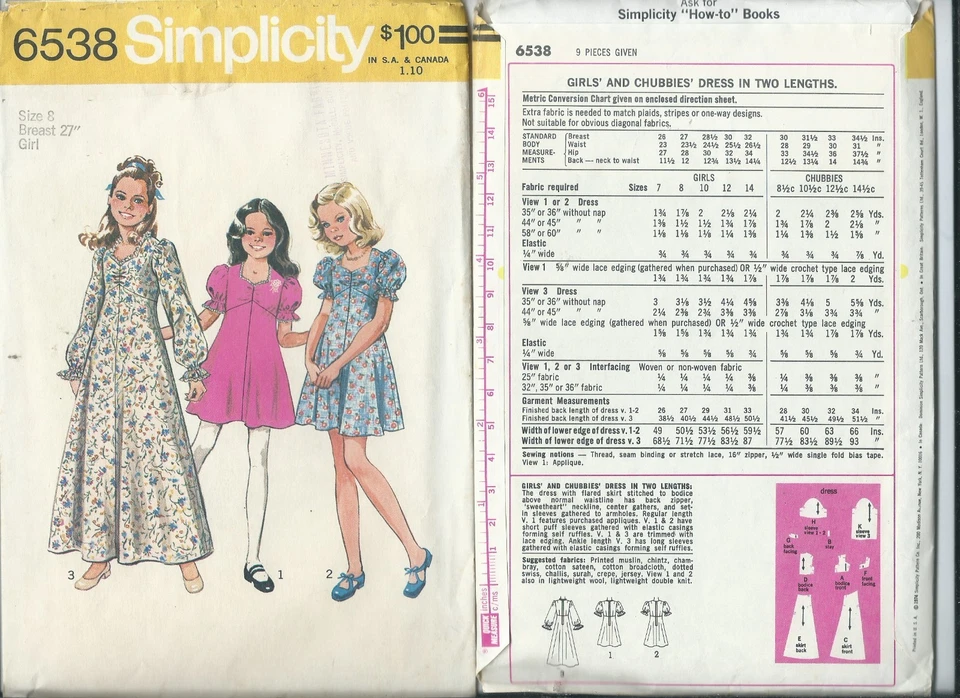 S 6538 sewing pattern 70's Sweetheart DRESS short long puffy sleeves girl size 8 - Image 1 of 1