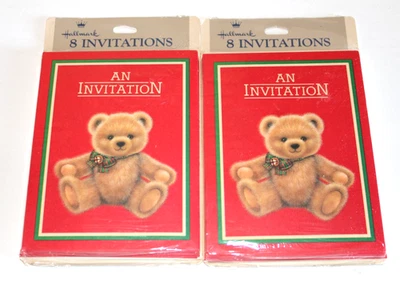 Juego de 2 tarjetas de fiesta de invitaciones navideñas vintage con sello oso de peluche paquete de 8 nuevos en paquete  Foto 1 de 2