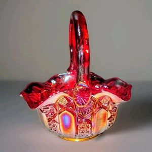 L.E. Smith Ruby Red Iridescent Quintec Carnival Glass Basket Excellent Condition - Picture 1 of 3