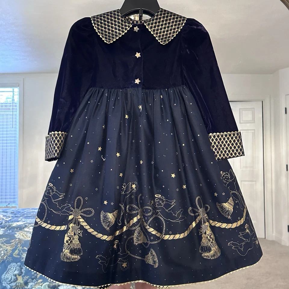 Vtg Daisy Kingdom Girls 4 Velvet Navy Cherub Angel Christmas Dress Gold Holiday - Image 1 of 4