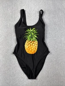 Women’s Swimsuit Sz Large Black One Piece Fashionable Pineapple Logo EUC - Picture 1 of 9